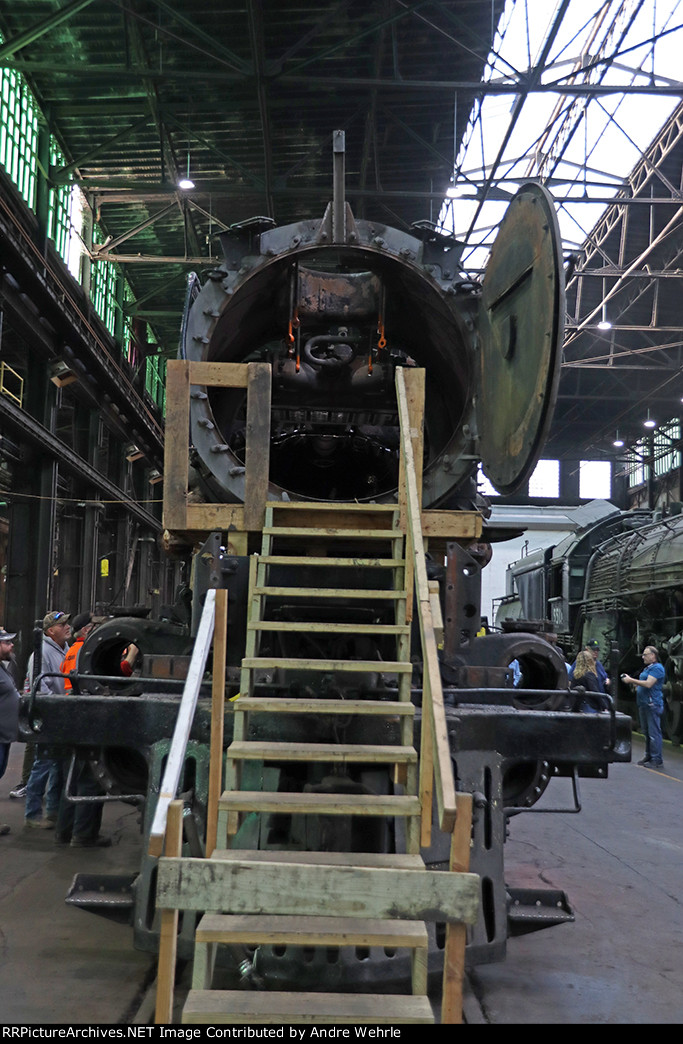 Straight-on view into the smokebox of UP 3985